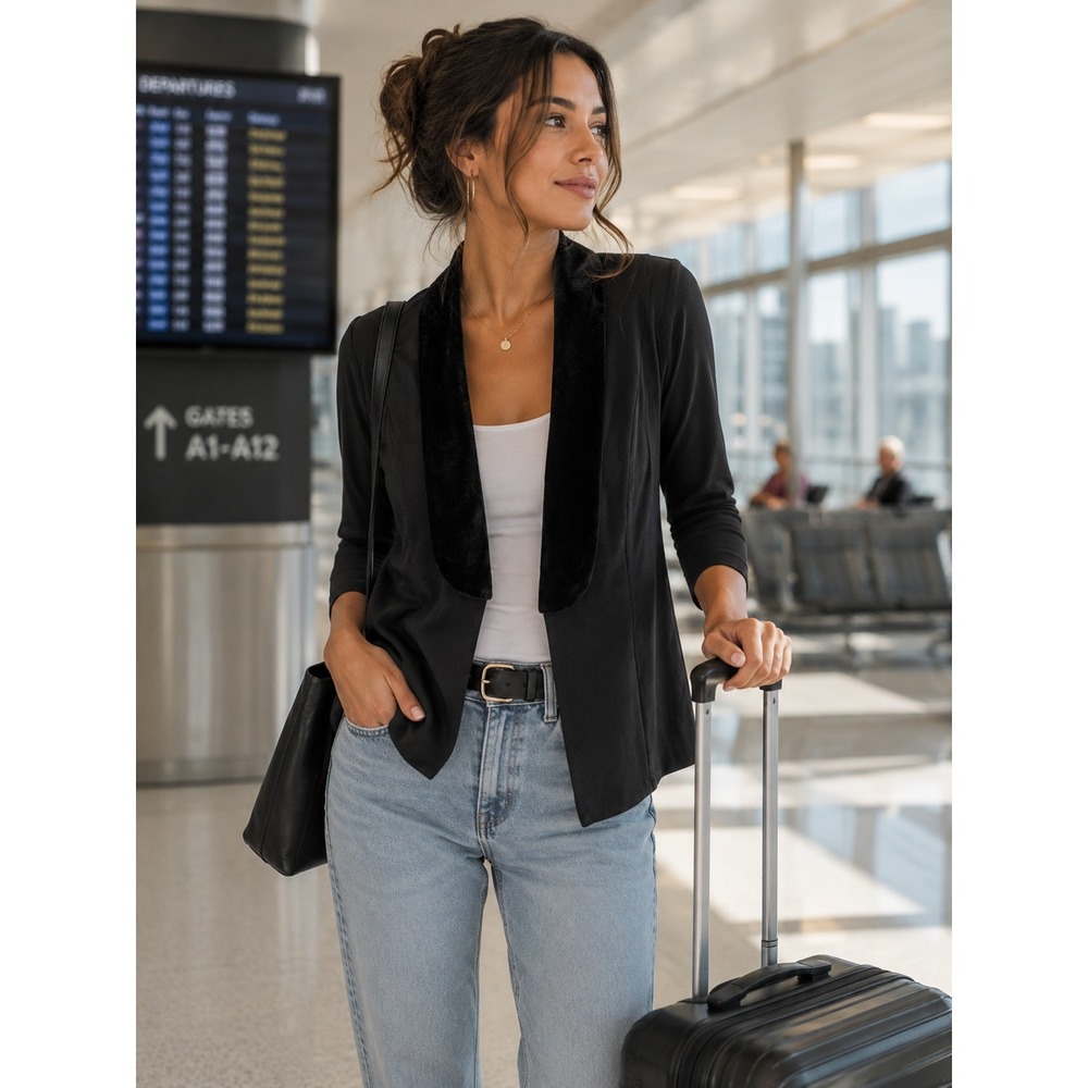 Chico's Travelers Black Velvet Collar Travel Jacket Size 0 Small Wrinkle Free